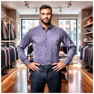 Versace Collection Men’s Pure Cotton Button Down Shirt. Black, Purple. 17” x 43”